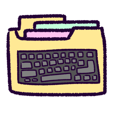  A drawing of a pale yellow manilla folder with a drawing of a dark grey keyboard for typing on the front. There are pink and green papers inside the folder.